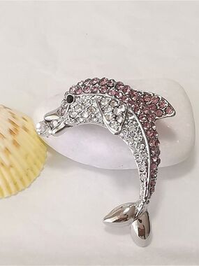 Silver Pink Clear Crystal Dolphin Brooch pin 🆕